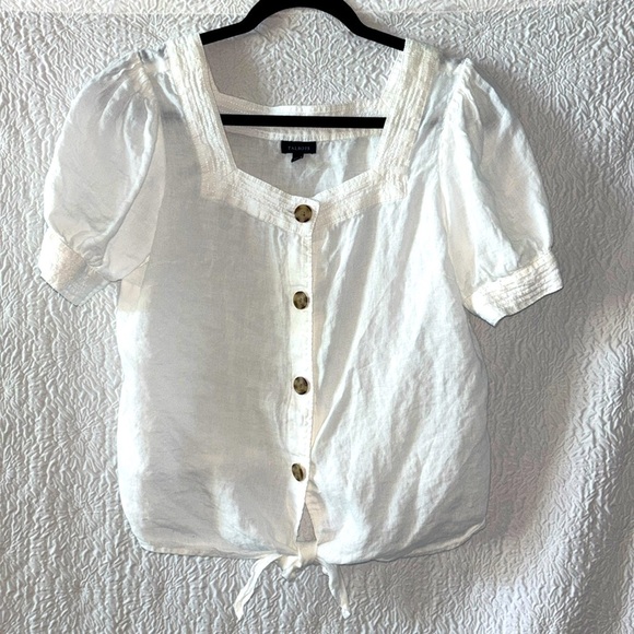 TALBOTS Linen Tie Hem Button Front Puff Short Sleeve Top - Picture 1 of 8